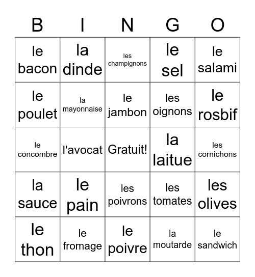 Les Sandwichs Bingo Card