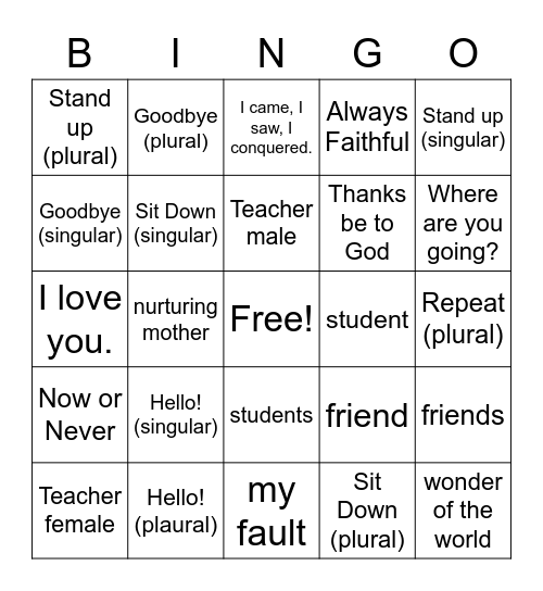 Latin Bingo Card