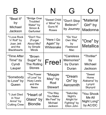 70s/80s Hits! Bingo Card