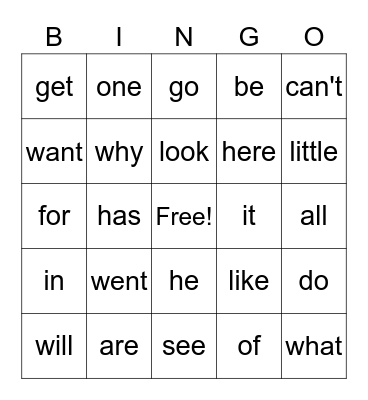 Sight Words Bingo Card