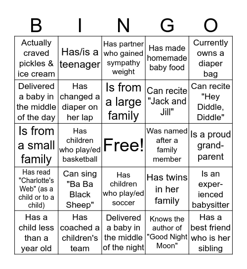 Welcome to Carly's Baby Shower! Bingo Card