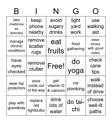 Fall Prevention Bingo Card