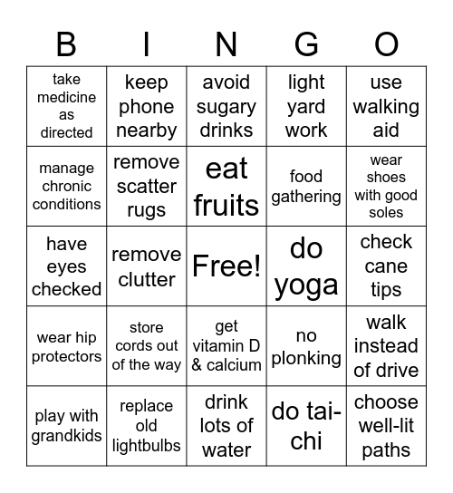 Fall Prevention Bingo Card