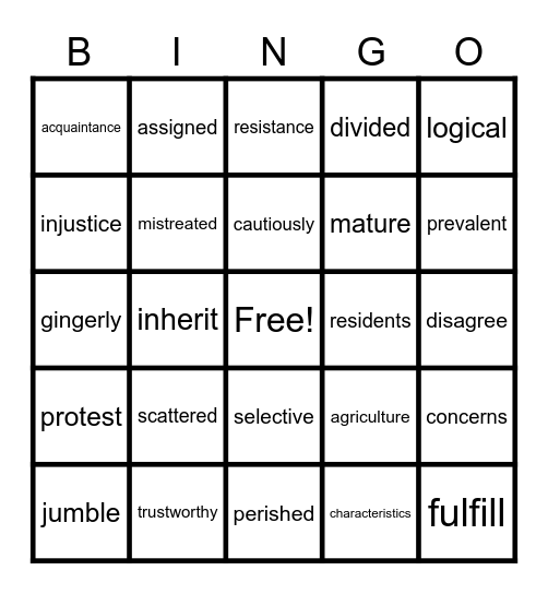 Unit 3 Vocabulary Bingo Card