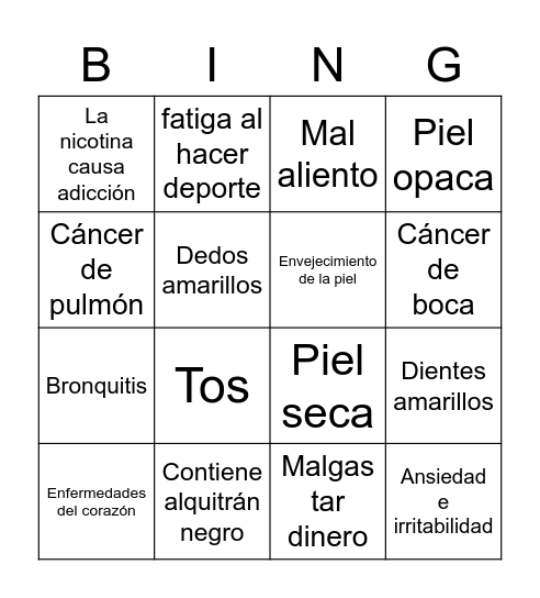 Efectos del tabaco Bingo Card