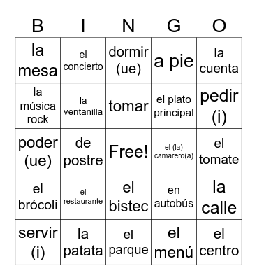 Spanish Vocab Bingo Card