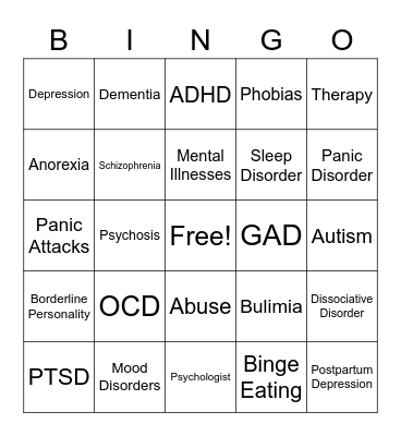 Mental Illness Bingo Card