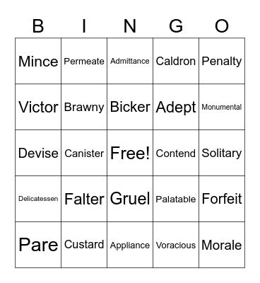 Vocabulary Bingo Card