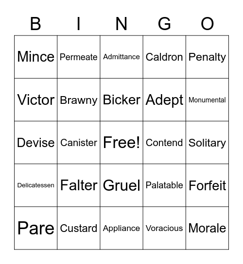 Vocabulary Bingo Card