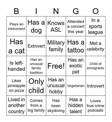 GET TO KNOW YOU Bingo Card