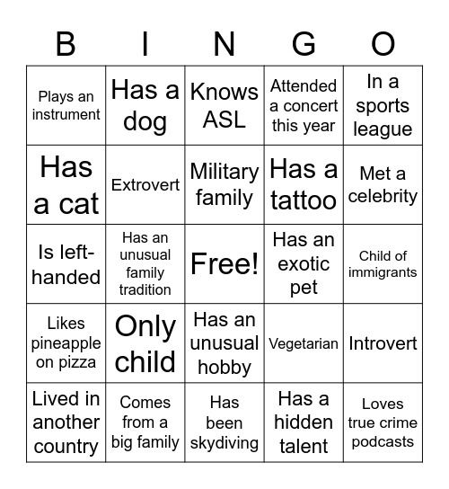 GET TO KNOW YOU Bingo Card