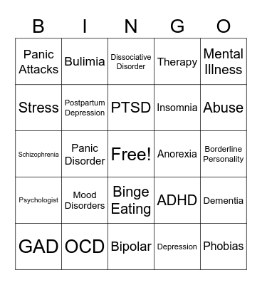 Mental Health Bingo Card