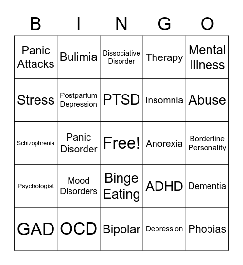 Mental Health Bingo Card