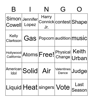 Matter and American Idol Bingo Card