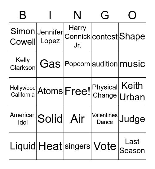 Matter and American Idol Bingo Card