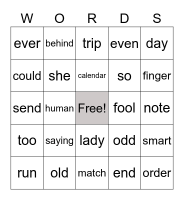 EOY Word Practice Bingo Card