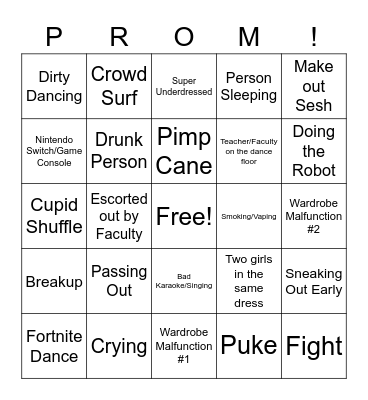 Northern Prom Bingo Card