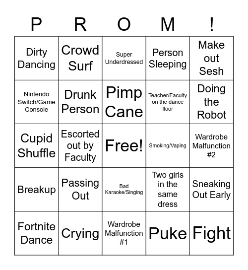 Northern Prom Bingo Card