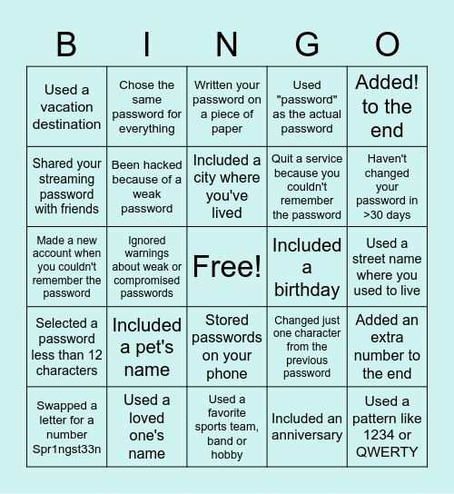 Password Bingo Card