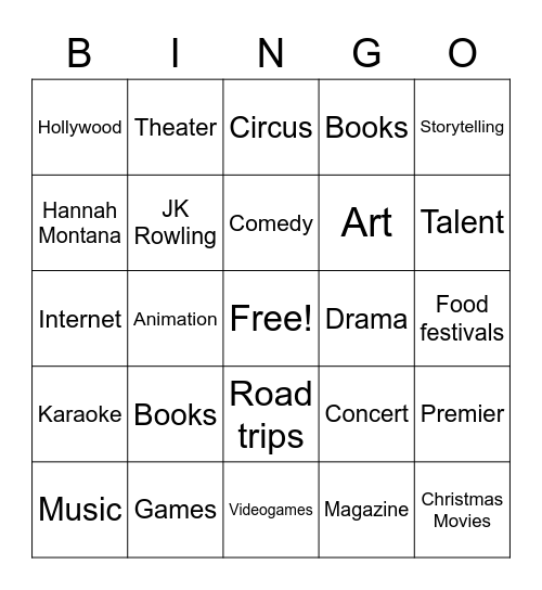 Entertainment Bingo Card