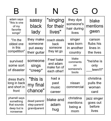 The Voice Season 10 Bingo Card