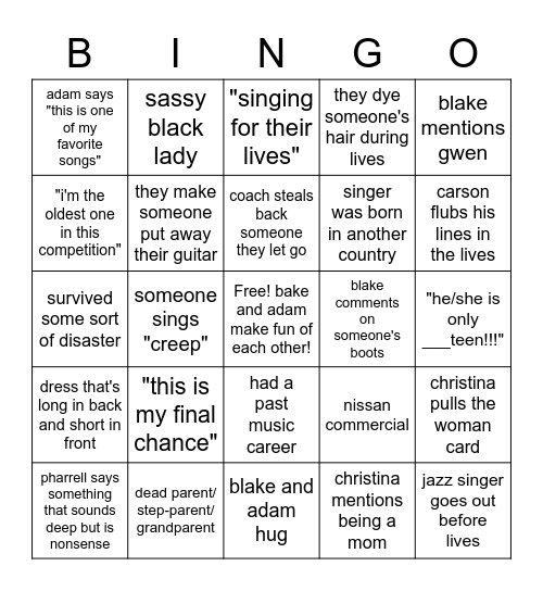 The Voice Season 10 Bingo Card