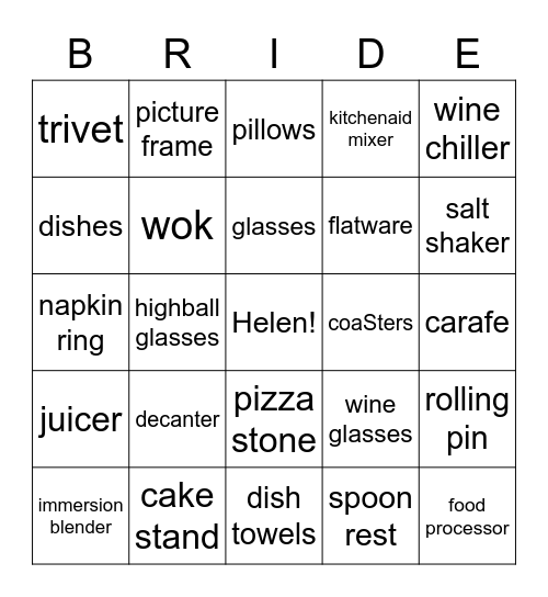 Helen Bridal Shower BINGO Card