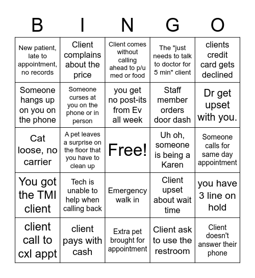 Veterinary Receptionist Bingo Card