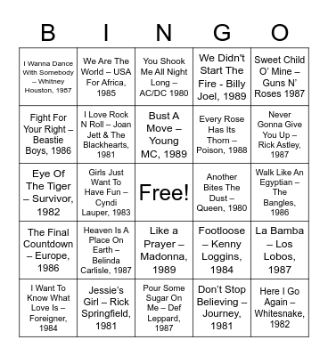 80's Music Bingo Card