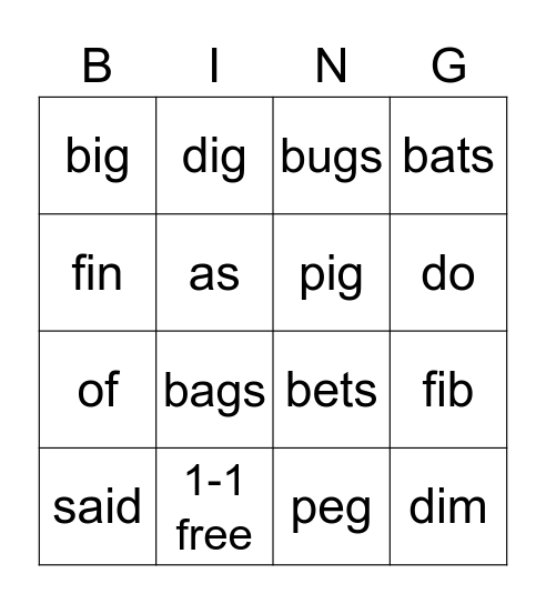 1-1 Bingo Card
