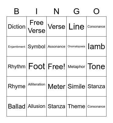 Poetry Lingo Bingo Card