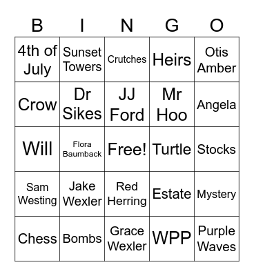 Westing Game Bingo Card