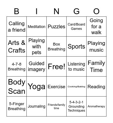 Coping Skills & Healthy Activities Bingo Card