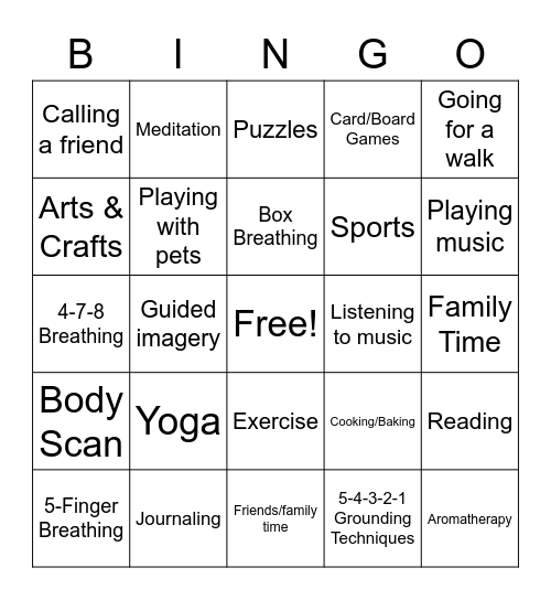 Coping Skills & Healthy Activities Bingo Card
