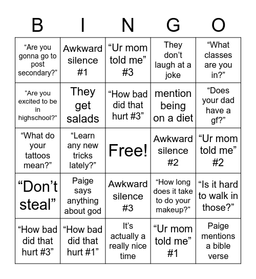 Lunch with Paige and Malan Bingo Card
