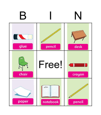 school supplies Bingo Card