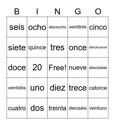 Spanish Numbers Bingo Card