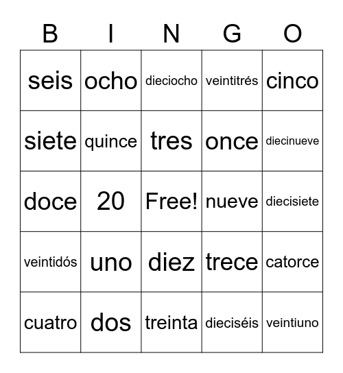 Spanish Numbers Bingo Card