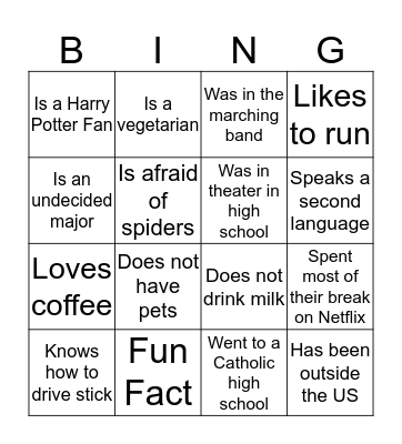 Get to know you bingo! Bingo Card