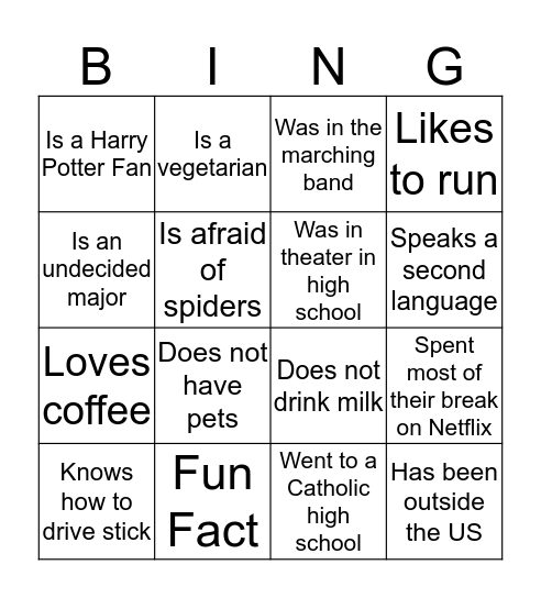 Get to know you bingo! Bingo Card