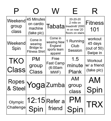 50 Days of Fitness Bingo Card