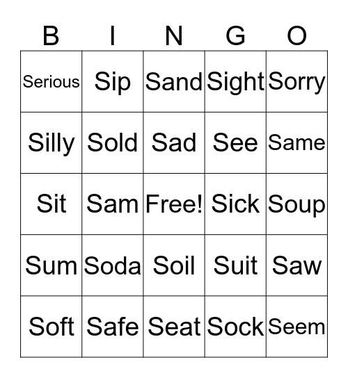 /S/ Words Bingo Card