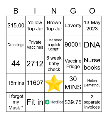 Reception Bingo Card