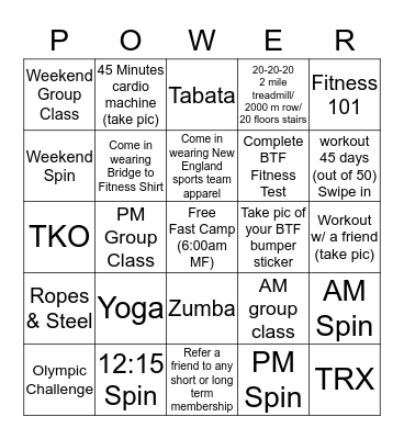 50 Days of Fitness Bingo Card