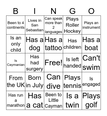 Getting to know you Bingo Card