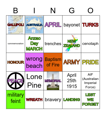 Gallipoli  & Anzac Day Bingo Card