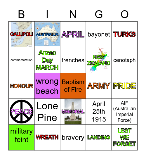 Gallipoli  & Anzac Day Bingo Card