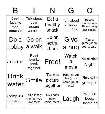 Family Bingo Mental Health Theme Bingo Card