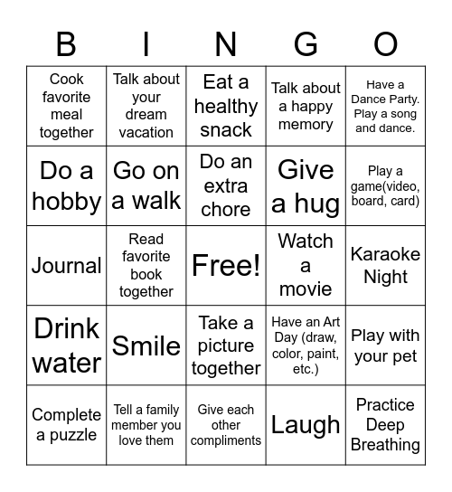 Family Bingo Mental Health Theme Bingo Card