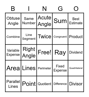 Math Vocabulary Bingo Card